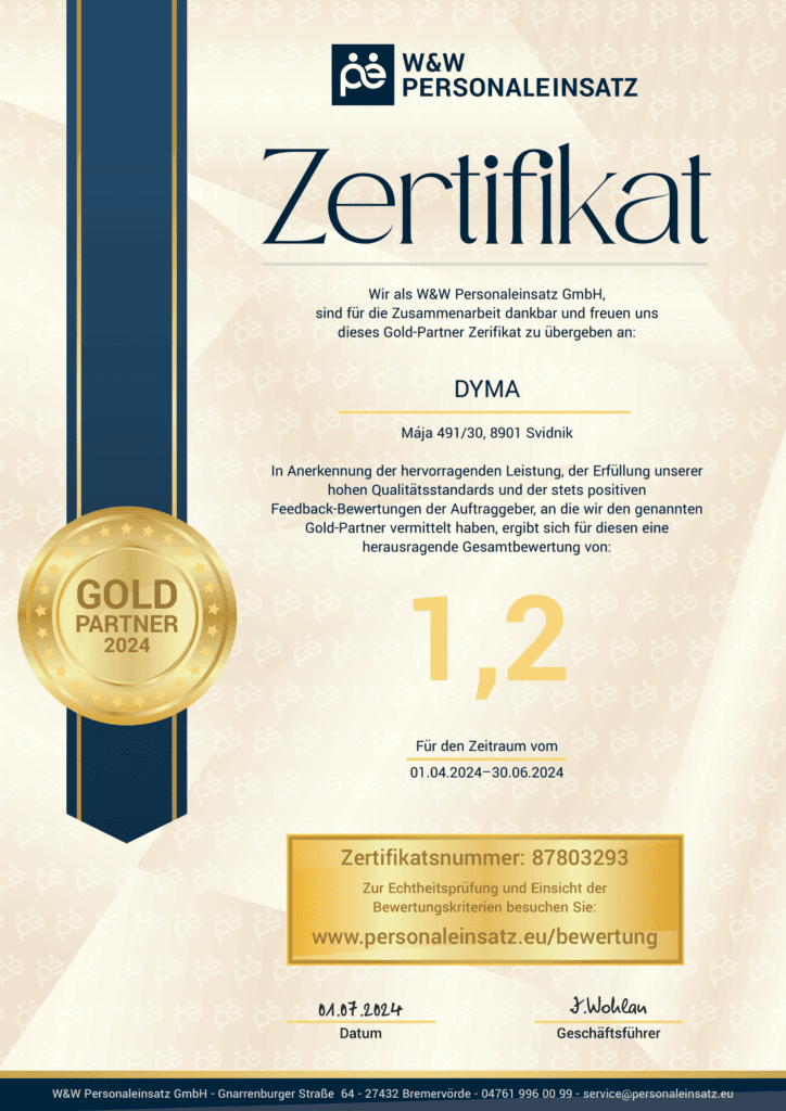 Zertifikat Gold Partner – DYMA s.r.o.