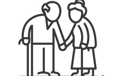 Senior couple - vector line design single isolated icon on white background. High quality black pictogram. Image of retired man and woman with walking cane. Elderly people care, aging process concept
